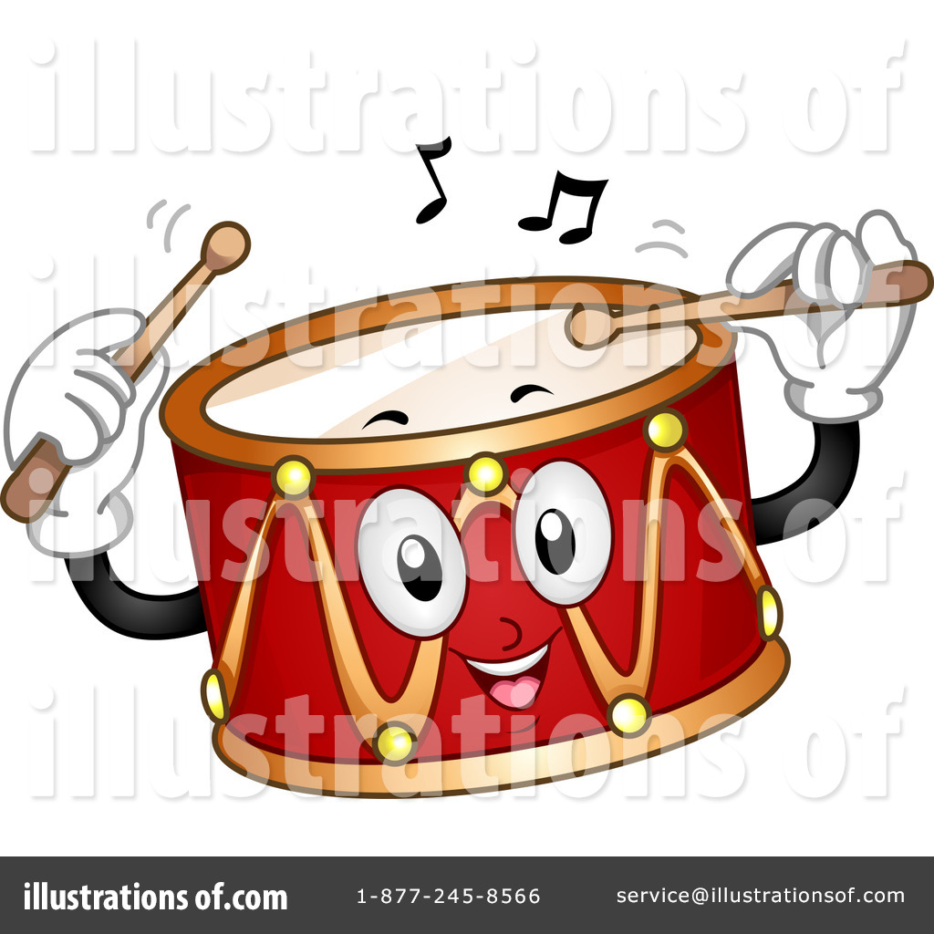 Cheerful red cartoon snare drum with arms, eyes, and smile, playing with drumsticks and musical notes above.