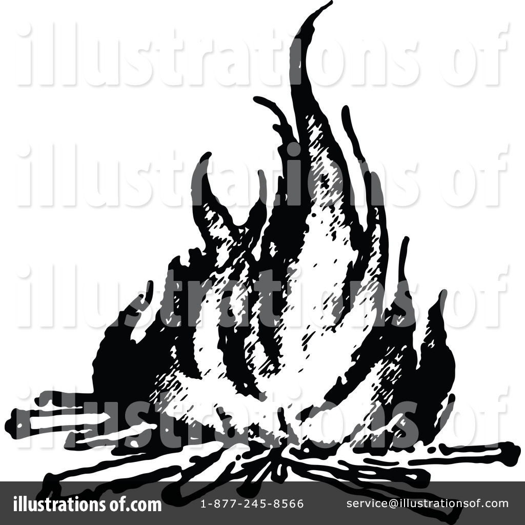 Black-and-white stylized illustration of a roaring campfire with dynamic flames and logs.