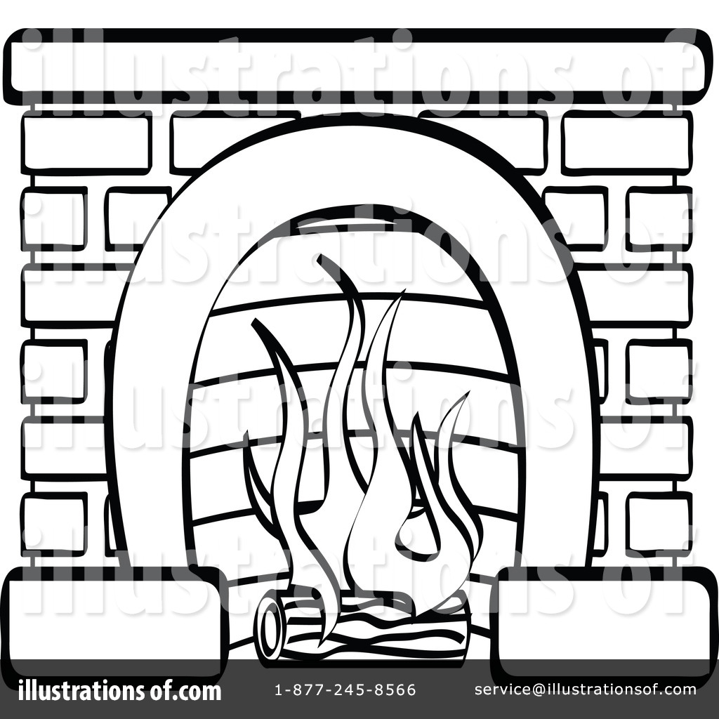 Black-and-white line drawing of a brick fireplace with arched opening and stylized flames over logs.