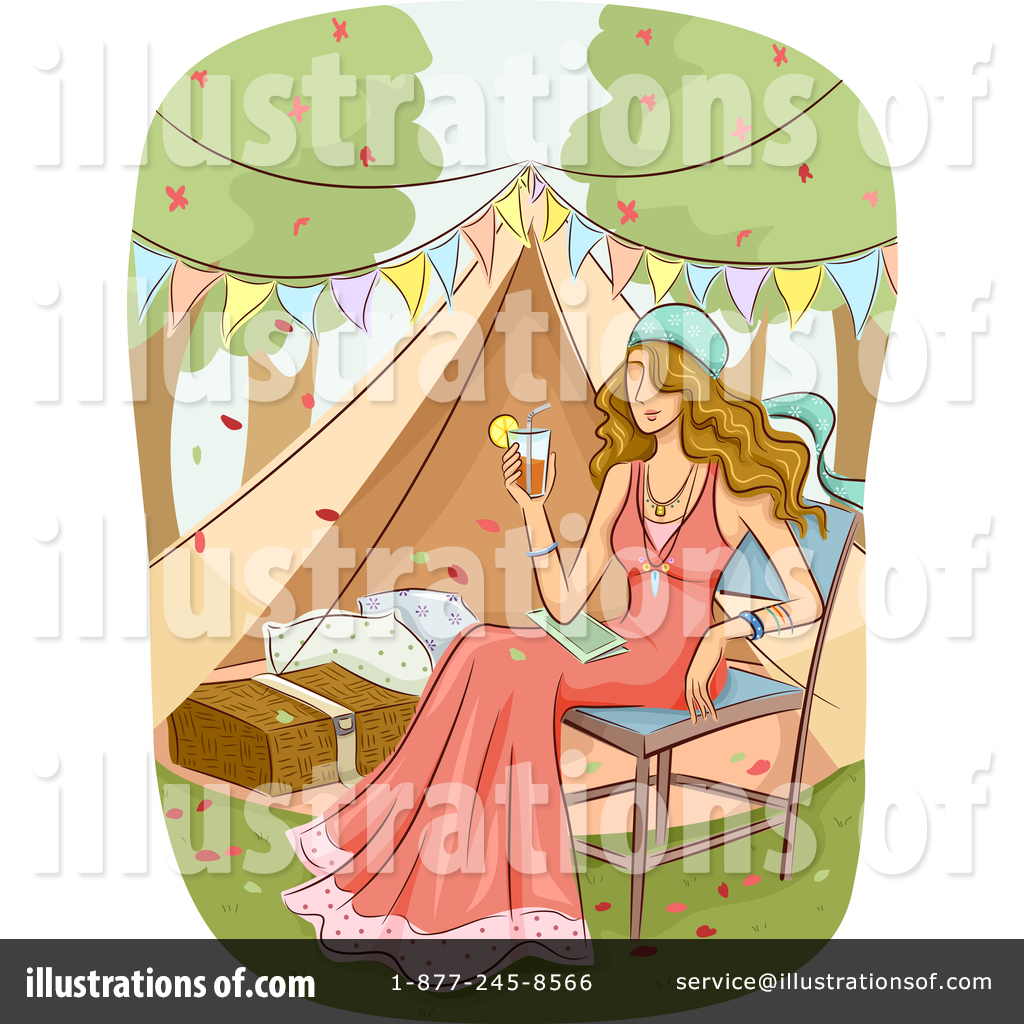 A woman in a pink dress relaxes in a chair under a decorated tent, sipping a drink with lemon, surrounded by bunting and nature.