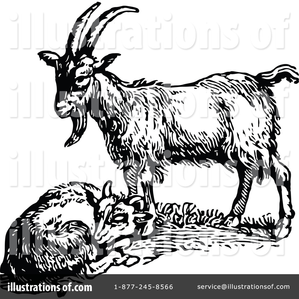 Black-and-white woodcut-style illustration of a standing goat with long horns and a resting kid beside it on grassy ground.
