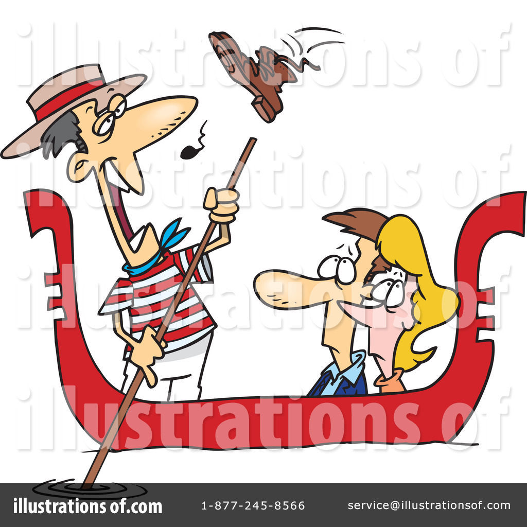 Cartoon gondolier singing and rowing a red gondola with startled tourists; a shoe flies overhead.