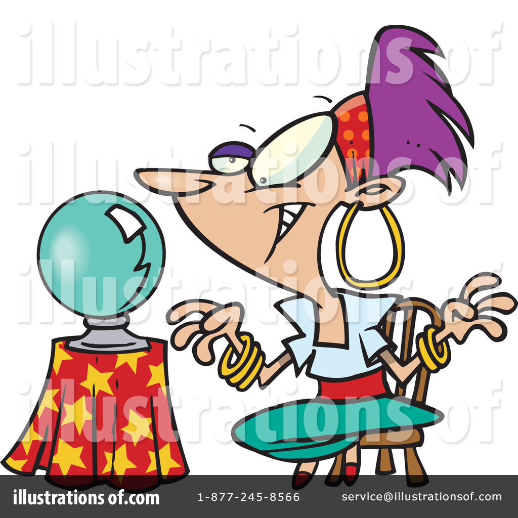 Cartoon fortune teller with purple hair, large hoop earrings, and a crystal ball on a star-patterned stand.