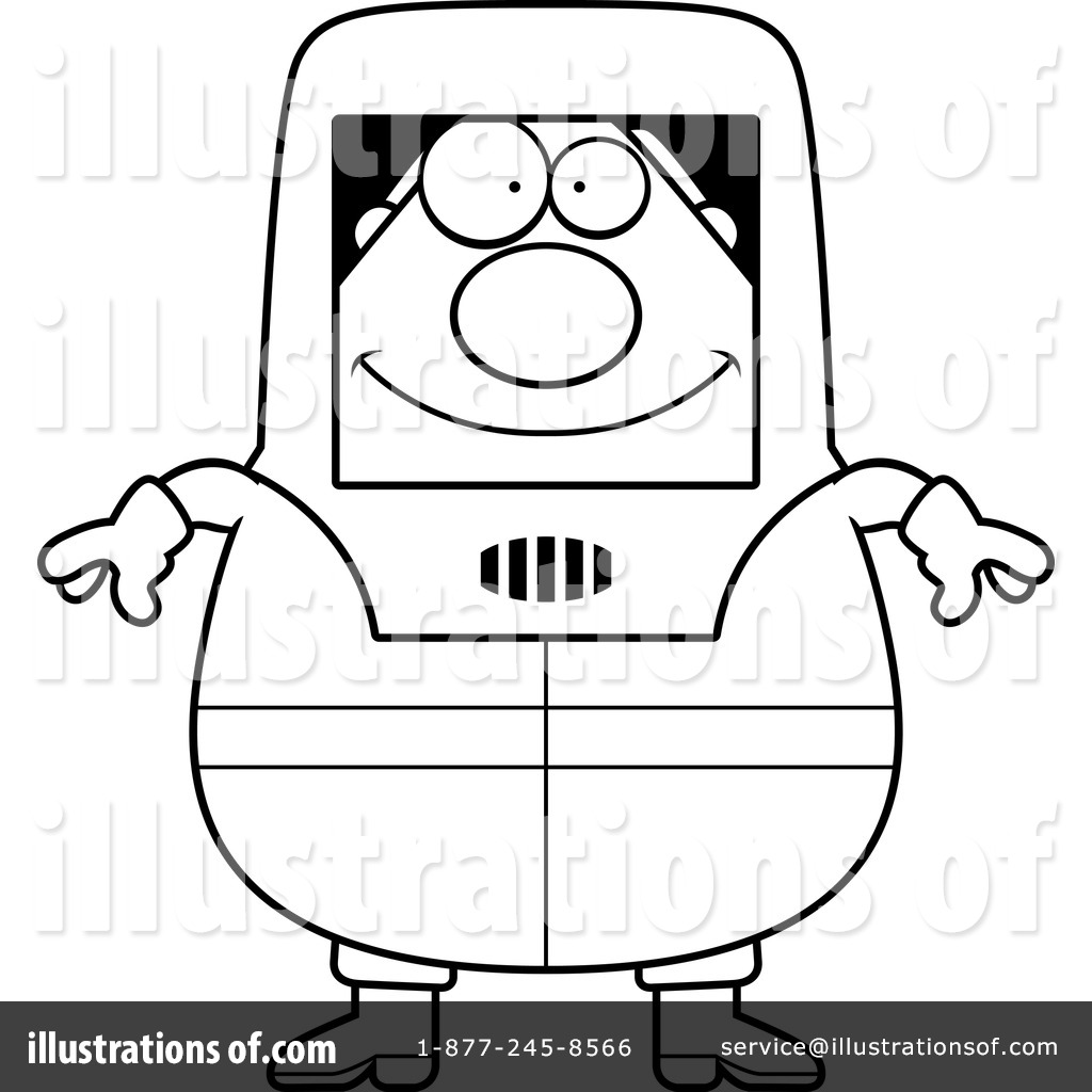 Cartoon robot with smiling face, round eyes, and outstretched arms in black-and-white line art style.