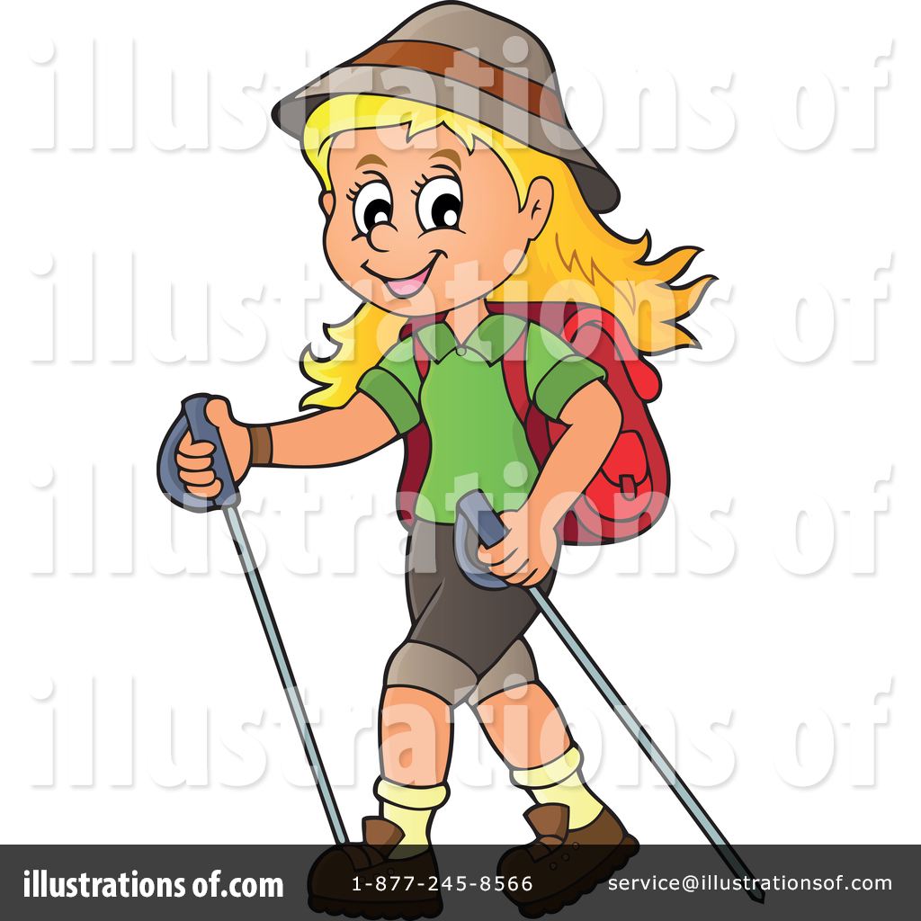 Cheerful blonde girl hiking with trekking poles, backpack, and hat.