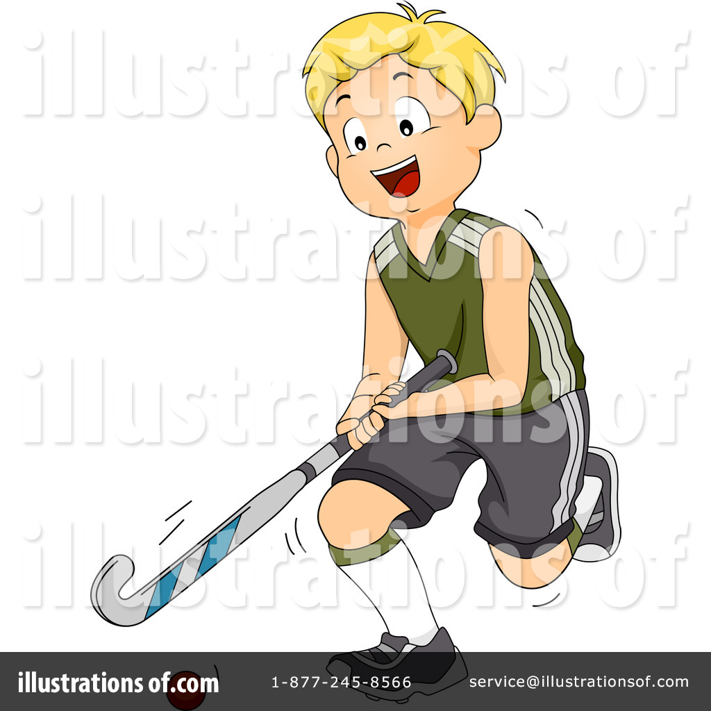 Smiling blond boy in green jersey playing field hockey with stick and ball.