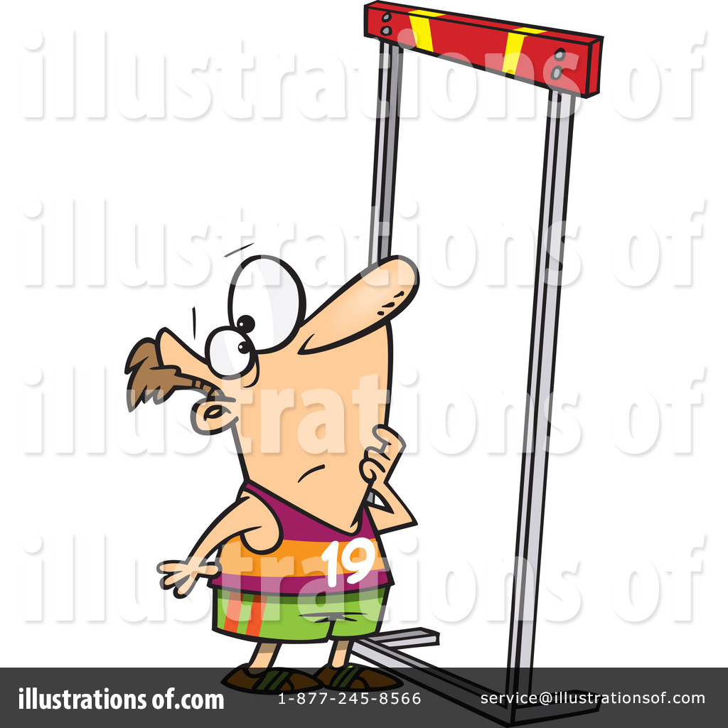 Cartoon runner with number 19 looking up nervously at a high hurdle, sweating and biting lip.