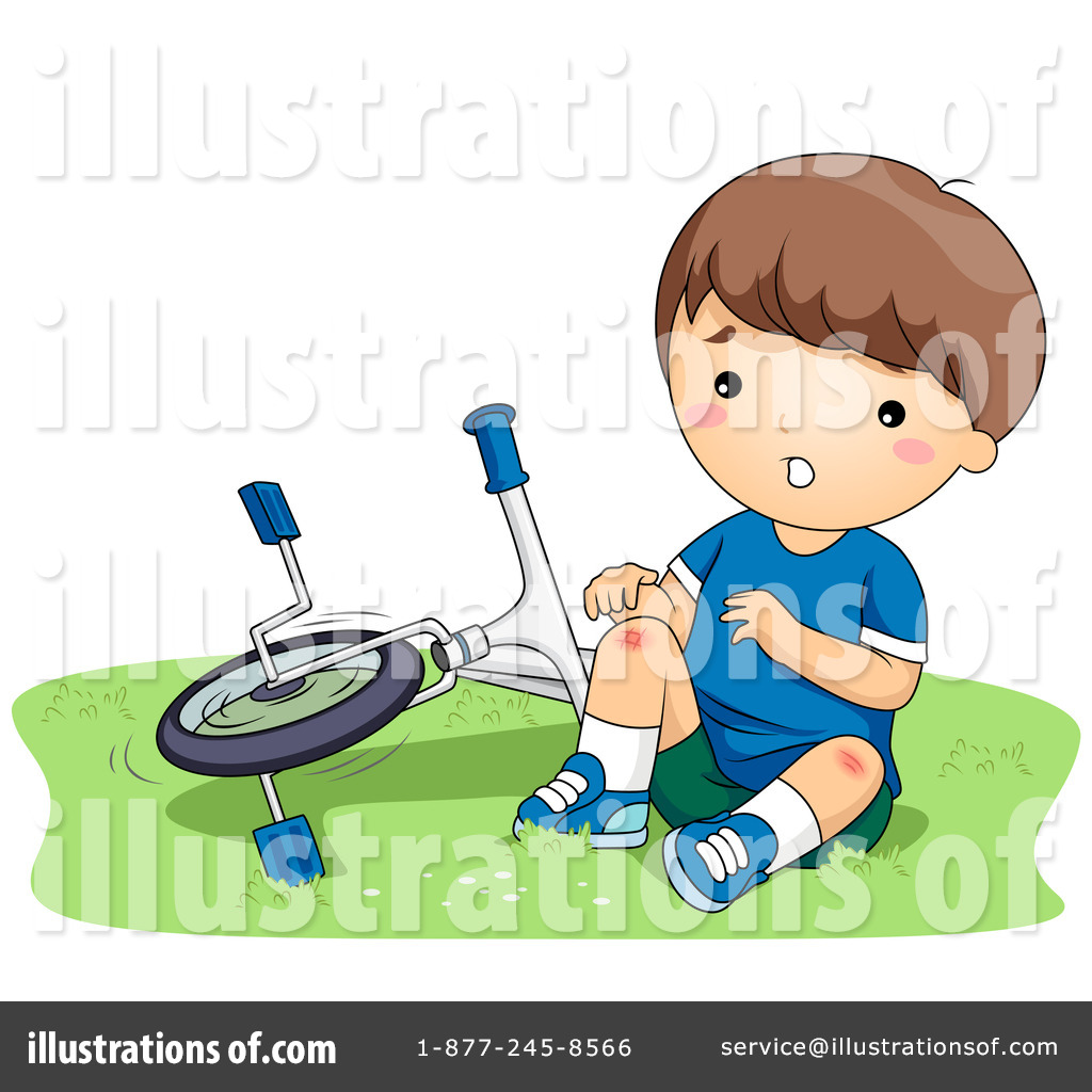 A cartoon boy sits on grass with scraped knees after falling off his bicycle, looking surprised and hurt.