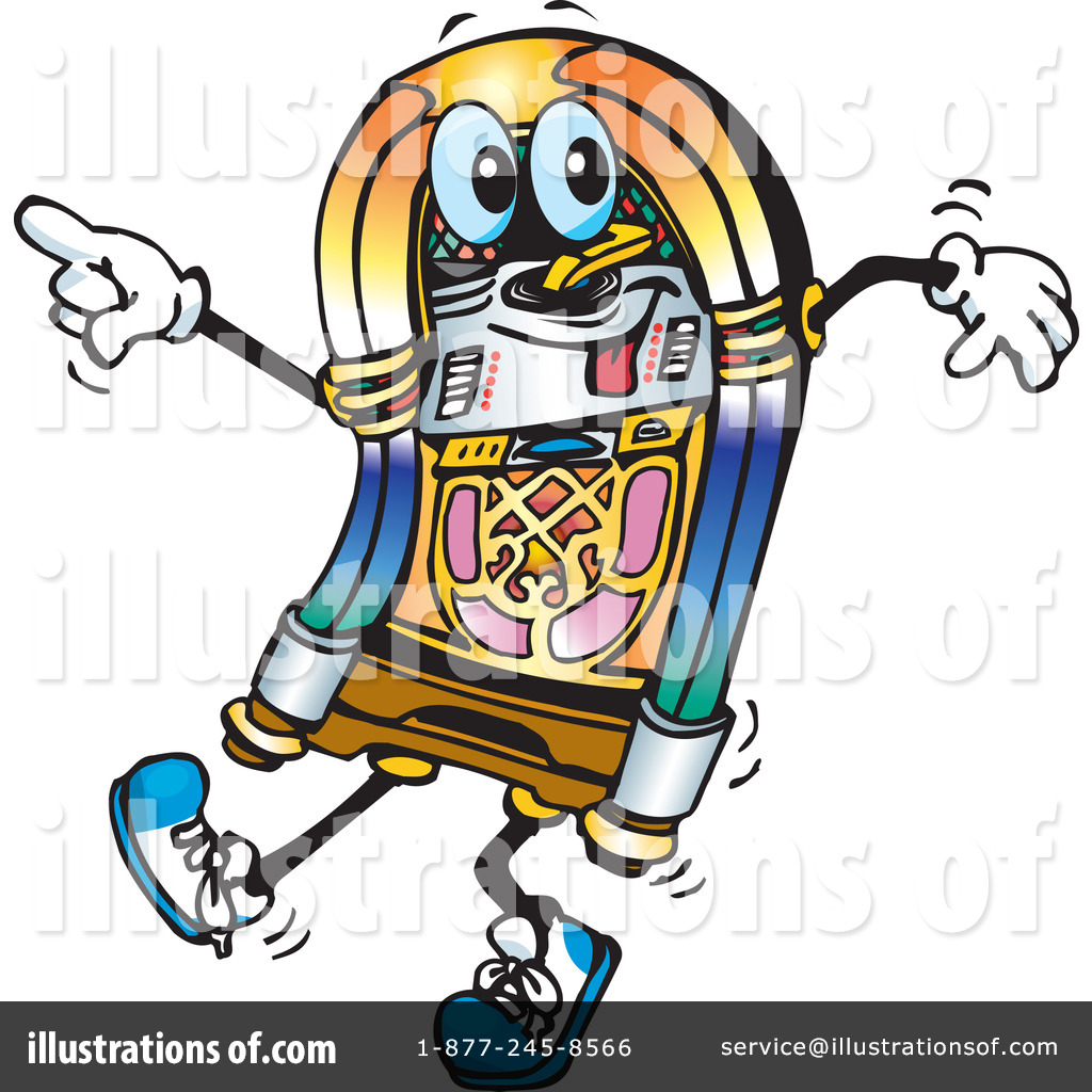 Animated jukebox character with big eyes, pointing and dancing energetically.