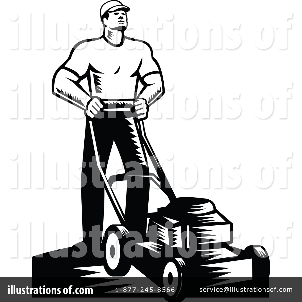 Black-and-white woodcut-style illustration of a muscular man pushing a lawnmower, wearing a cap and work clothes.