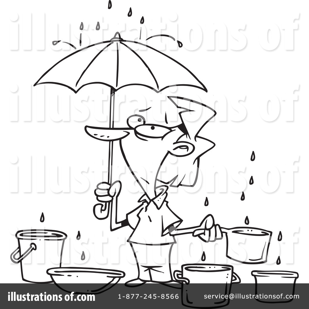 A cartoon man holding an umbrella while rain drips into multiple buckets and bowls around him, looking frustrated.