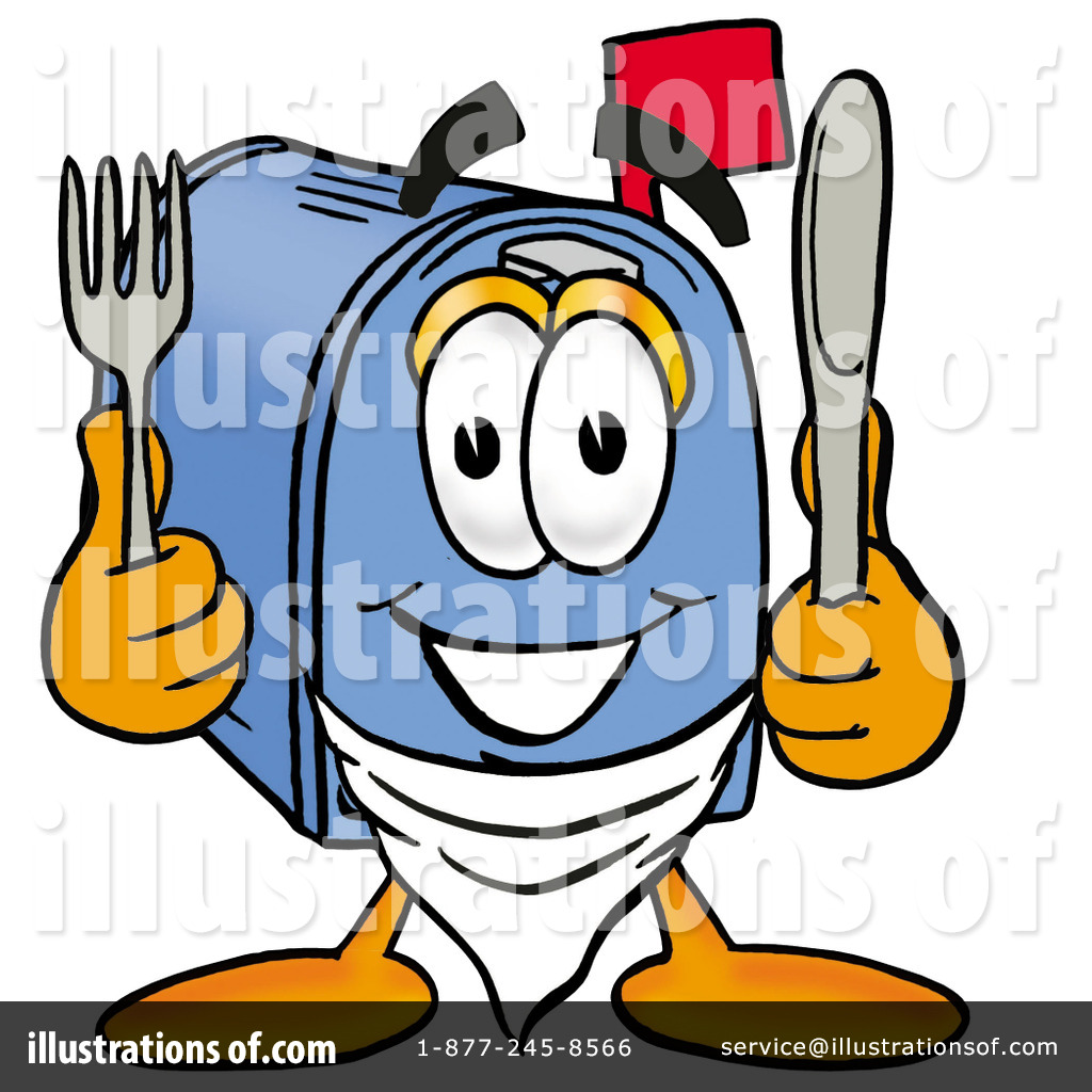 Cheerful blue mailbox mascot holding fork and knife, wearing napkin bib, ready to eat.