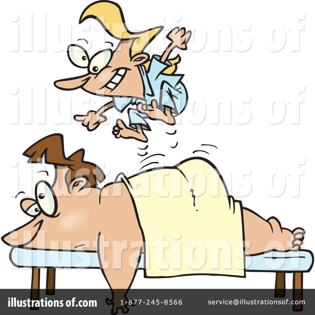 A cartoon woman leaps excitedly over a man lying face-down on a massage table, both smiling comically.
