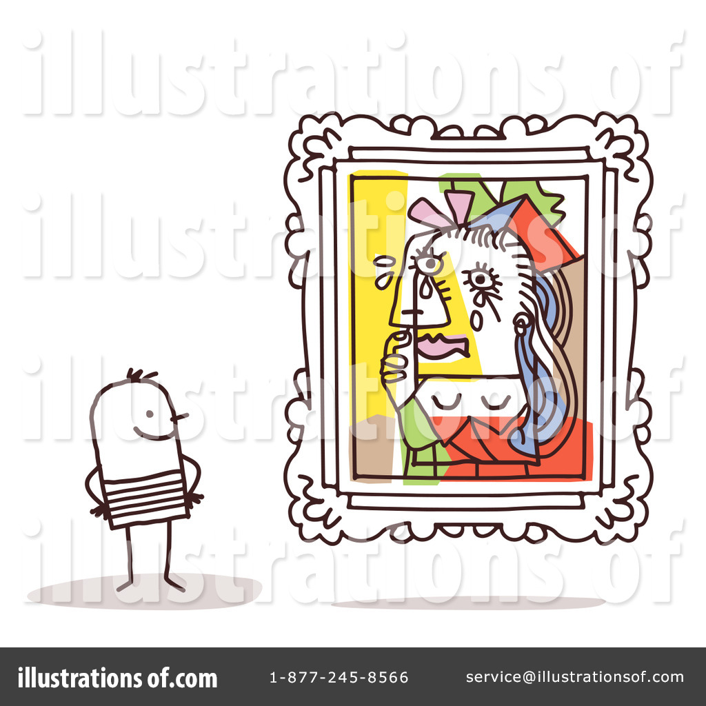 A stick-figure person gazes at a colorful, cubist-style portrait in an ornate frame.