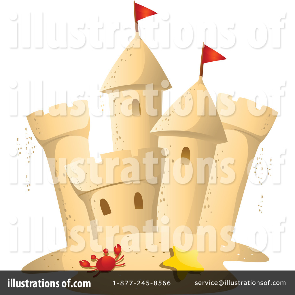 A whimsical sandcastle with two red flags, a red crab, and a yellow starfish on a sandy base.