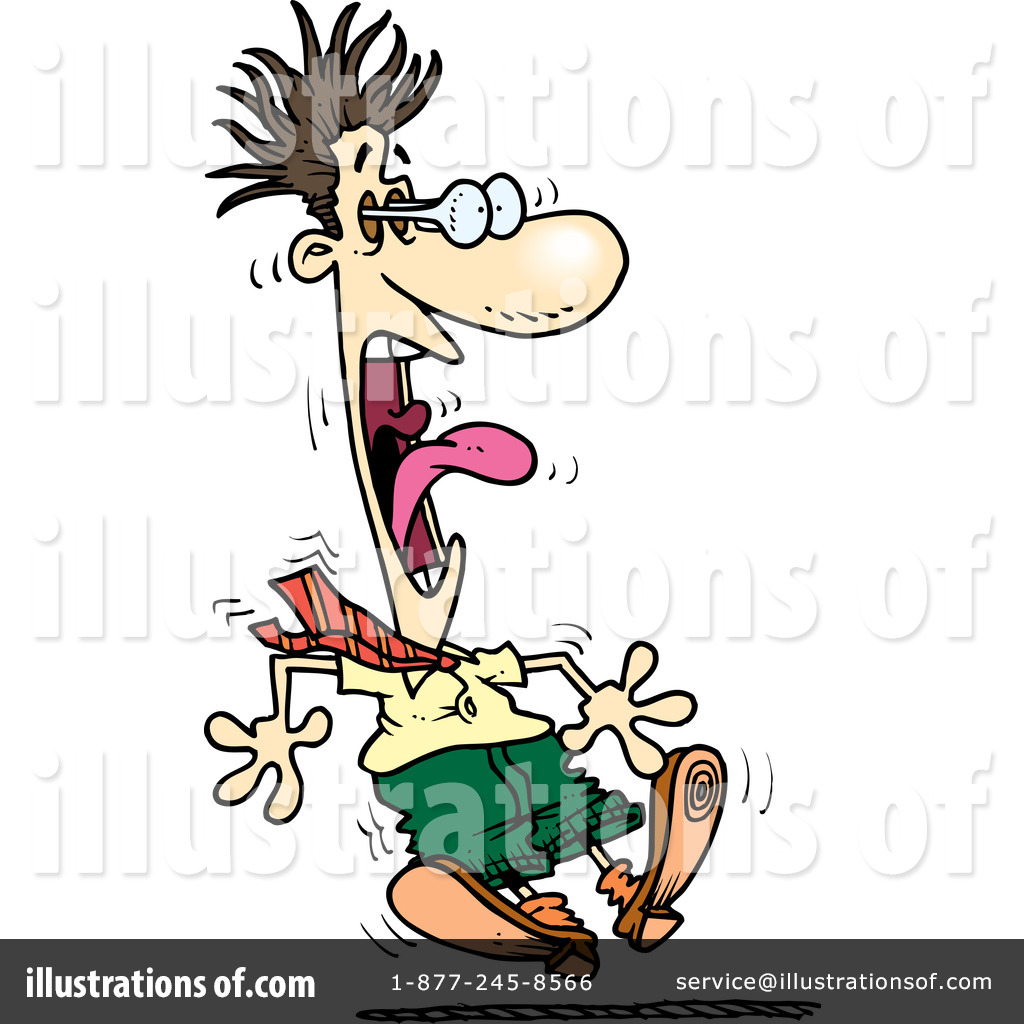 Cartoon man with wild hair, glasses askew, mouth wide open screaming while running in panic.