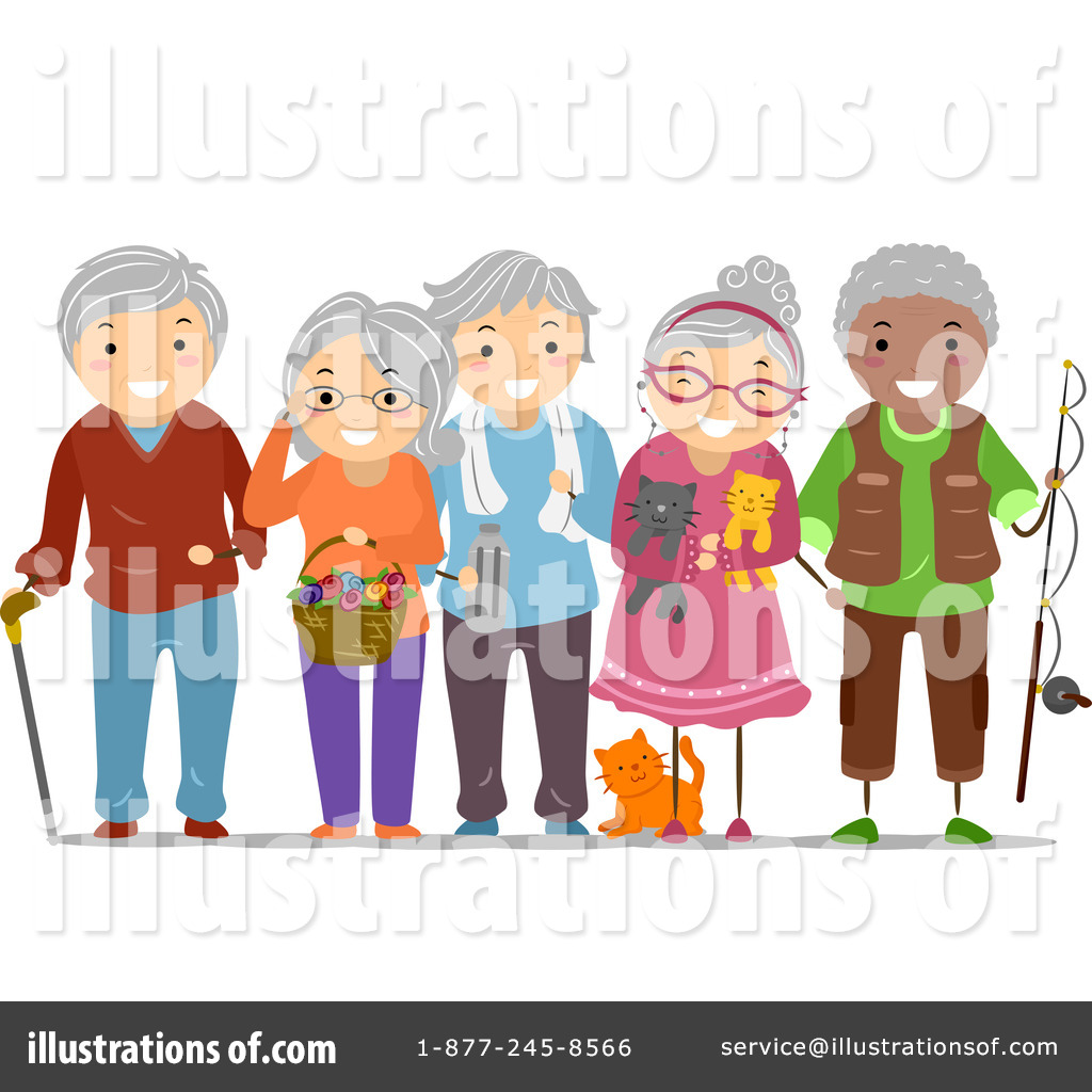 Five smiling elderly people with hobbies-walking stick, flowers, water bottle, cats, fishing rod-and a small orange cat at their feet.