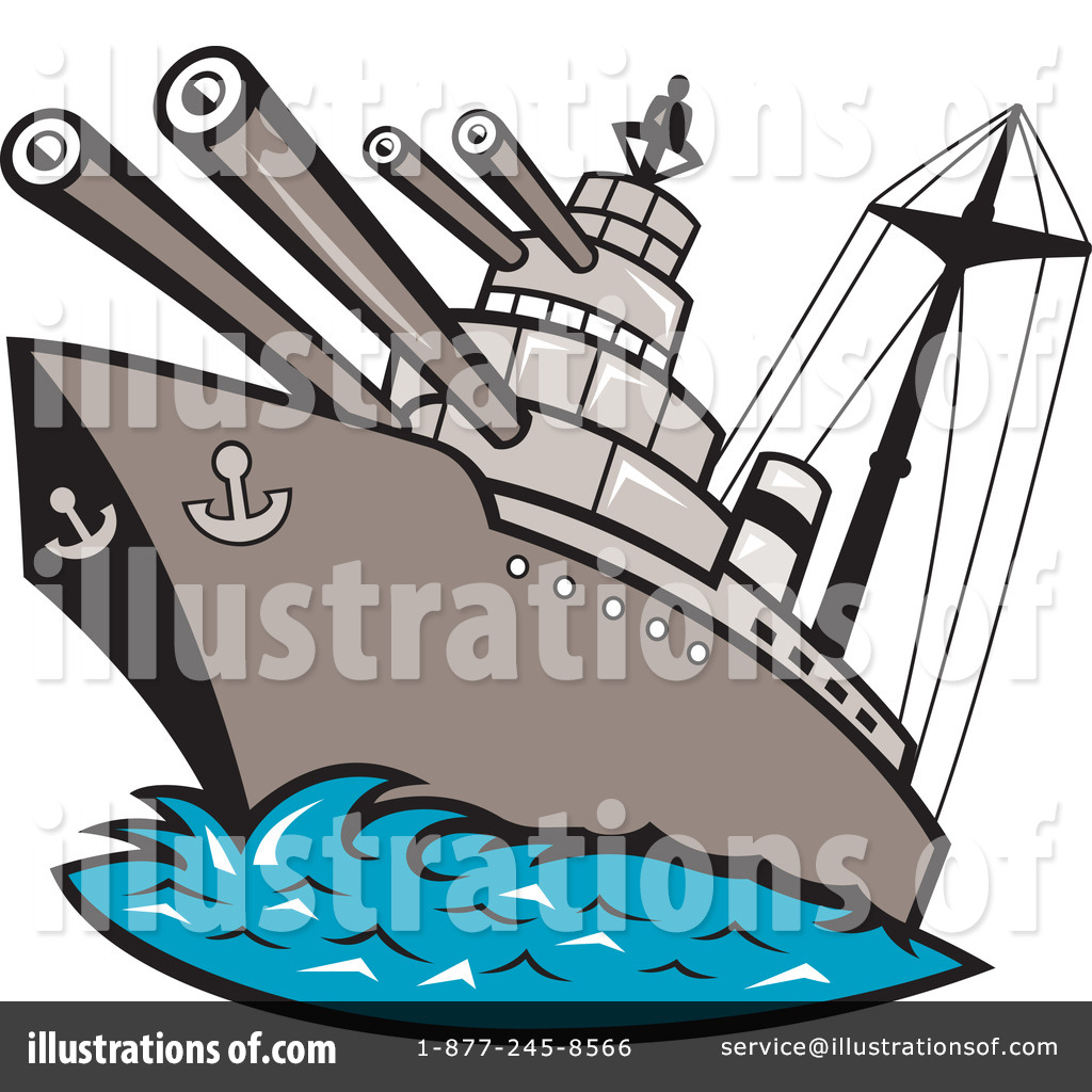 Cartoon-style battleship with large cannons, anchor emblem, and sail, sailing on blue waves.