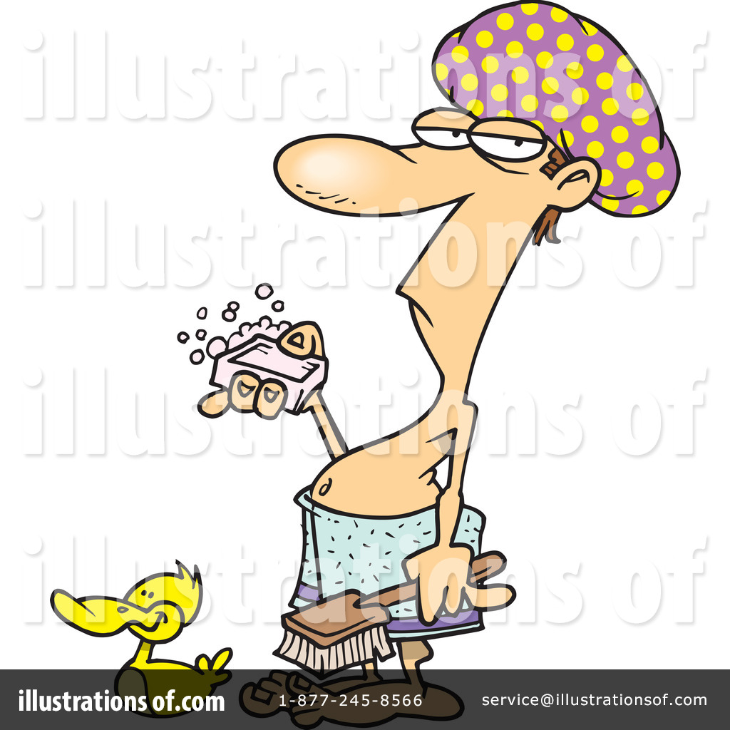 Cartoon man in shower cap and towel holding soap and brush, with rubber duck nearby.