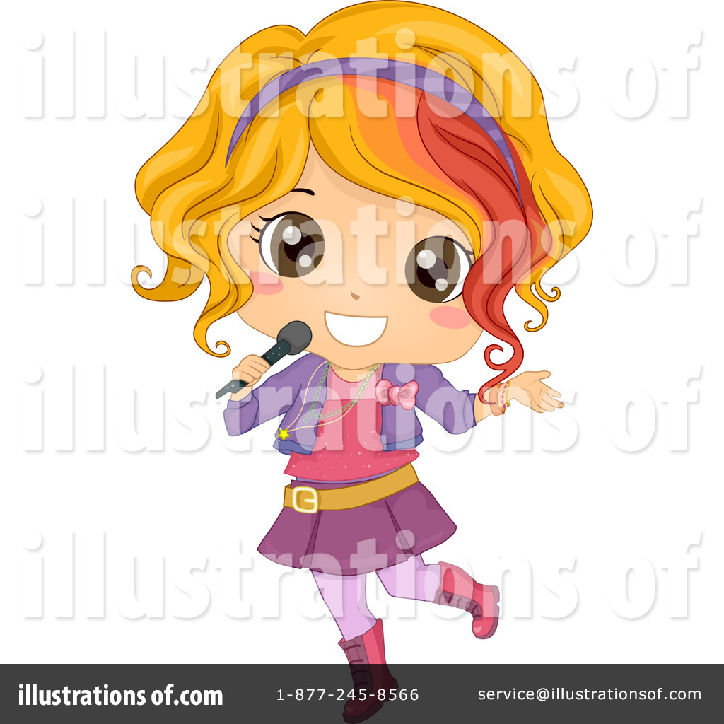 Chibi-style girl with colorful hair singing into a microphone, wearing purple outfit and pink boots.