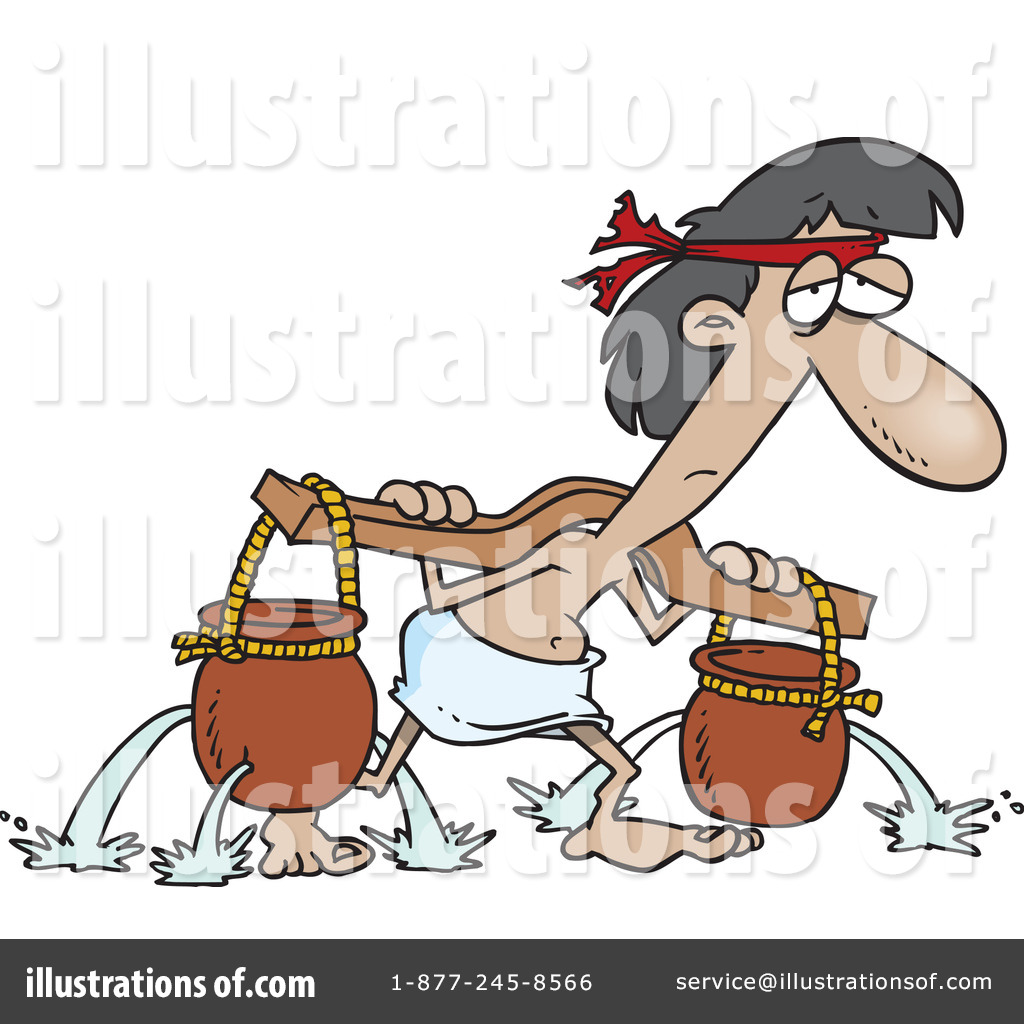 Cartoon man in loincloth and headband carrying two leaking clay pots on a yoke, looking exhausted.