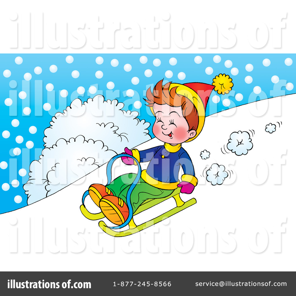 A joyful child in winter clothes sledding down a snowy hill with snowflakes falling.