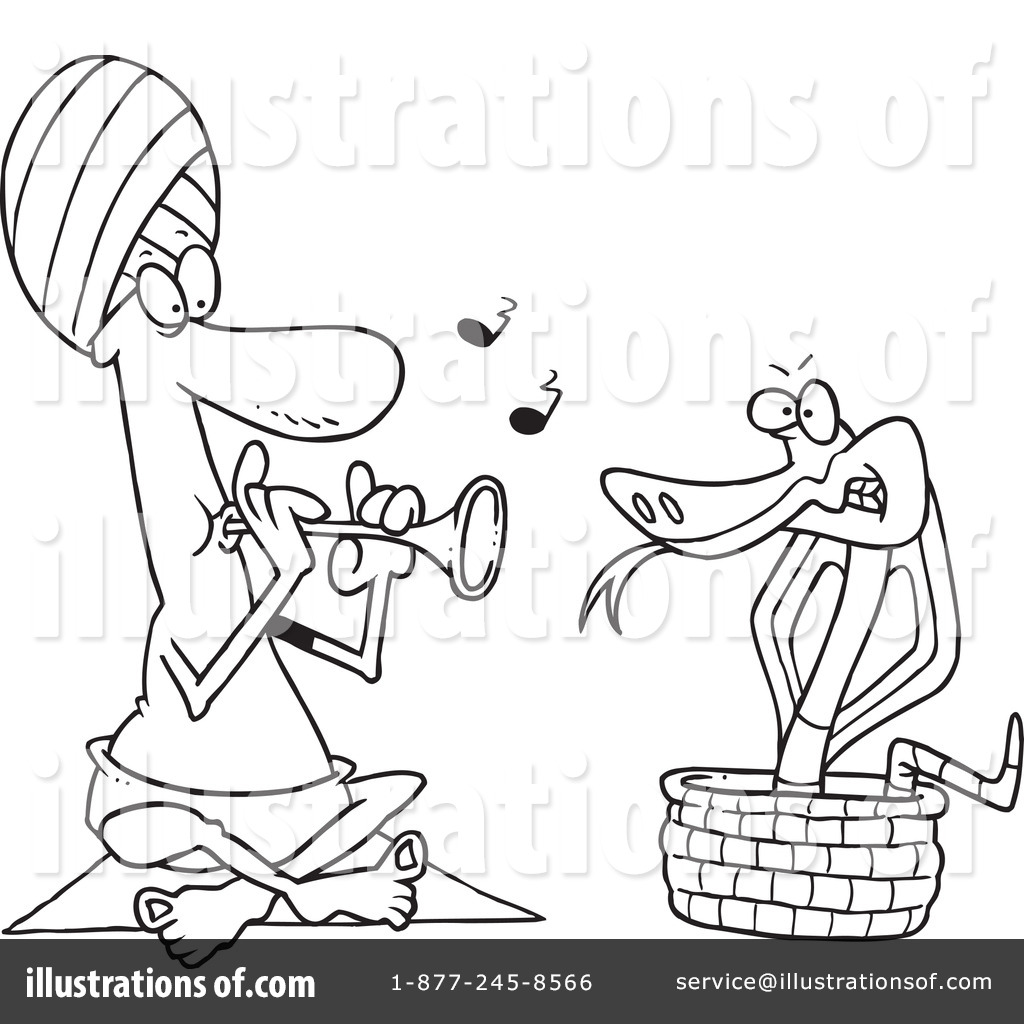A cartoon snake charmer plays a flute while a snake rises from a basket, reacting to the music.