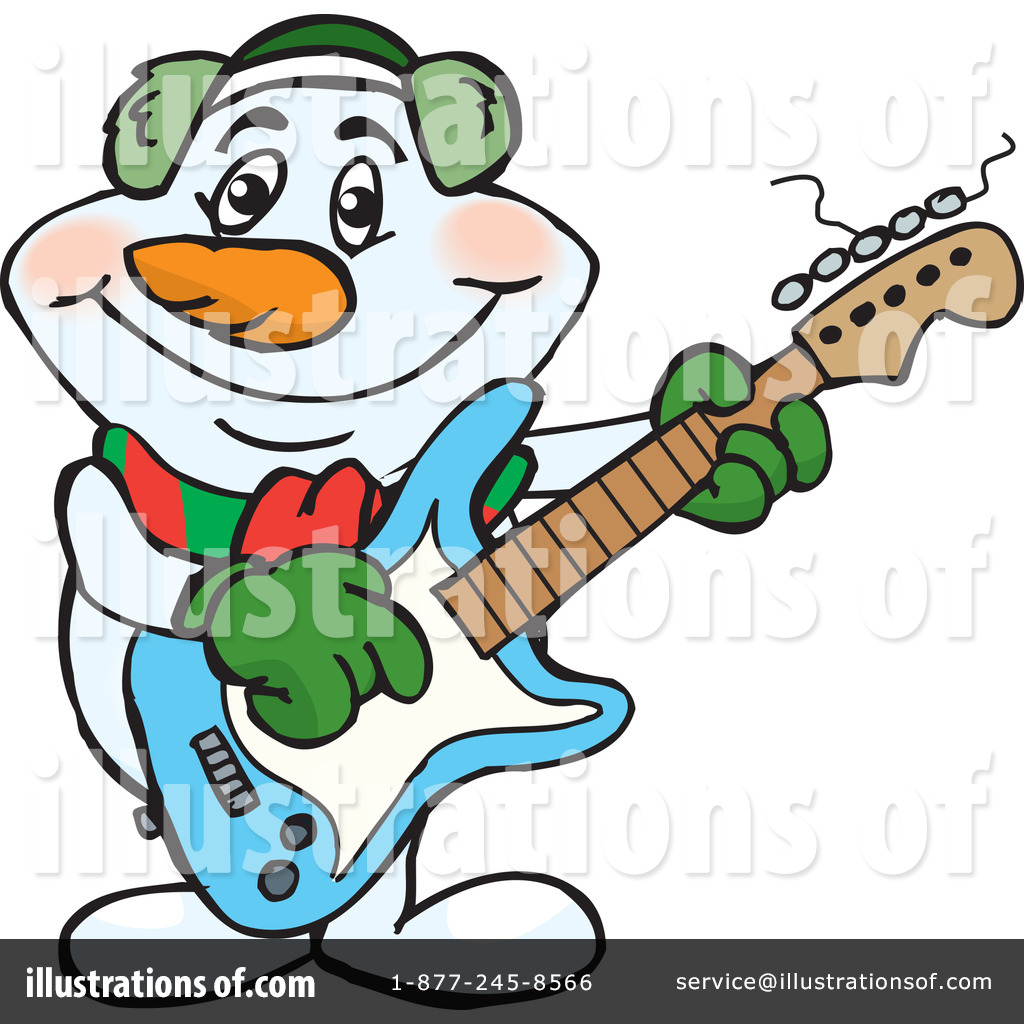 Cheerful snowman wearing earmuffs and scarf, playing a blue electric guitar with green gloves.