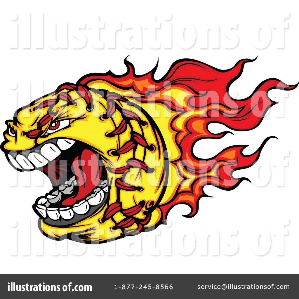Angry flaming softball with sharp teeth and red laces, roaring in motion.