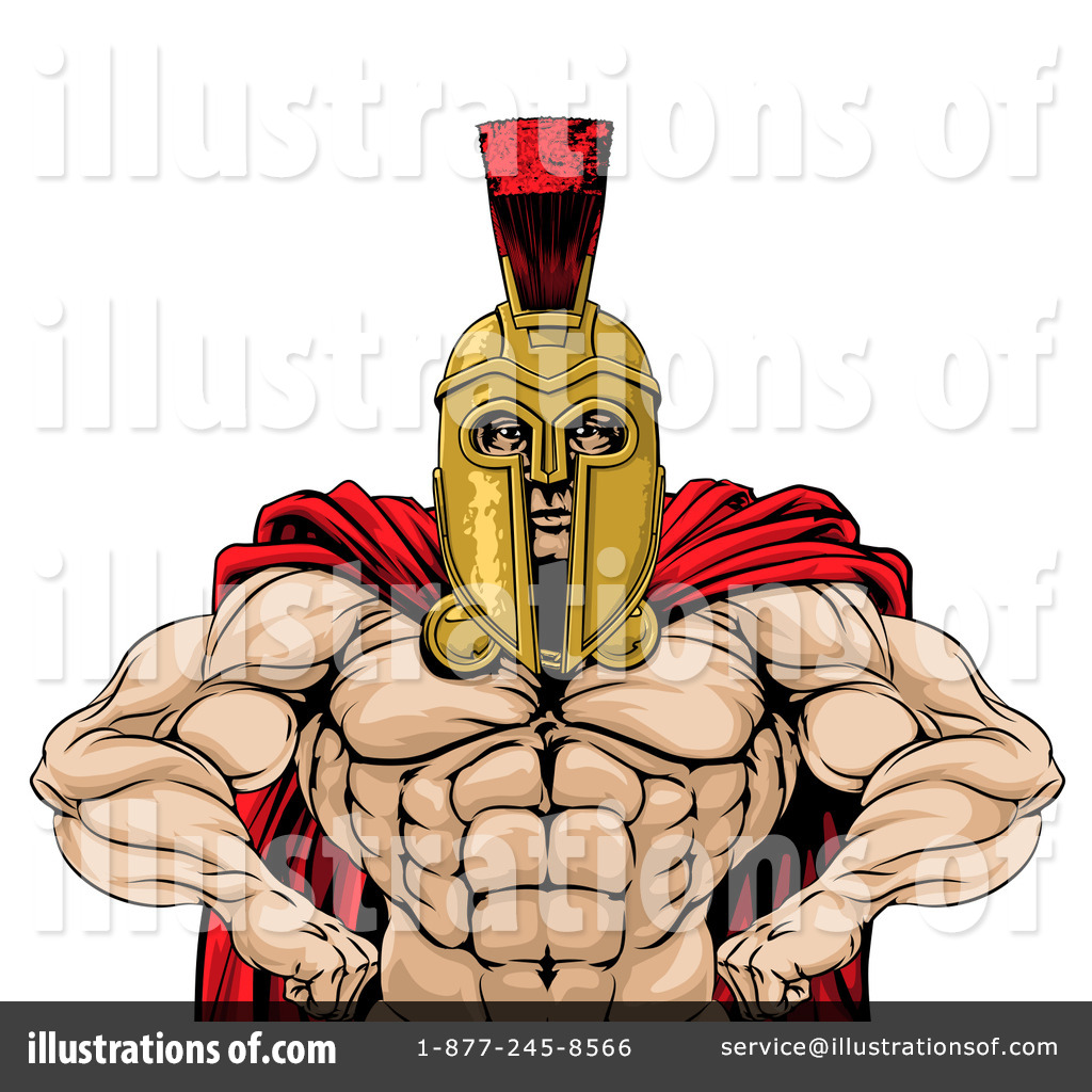 Muscular Spartan warrior in golden helmet with red plume and cape, flexing arms against white background.