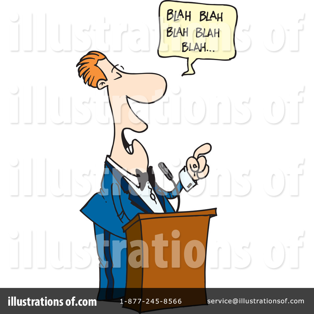 Cartoon man in suit speaking at podium with "Blah Blah" speech bubble, symbolizing empty or verbose speech.