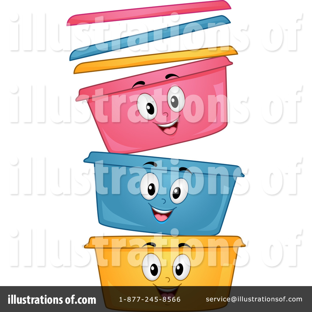 Three smiling cartoon storage containers in pink, blue, and yellow stacked with lids floating above.