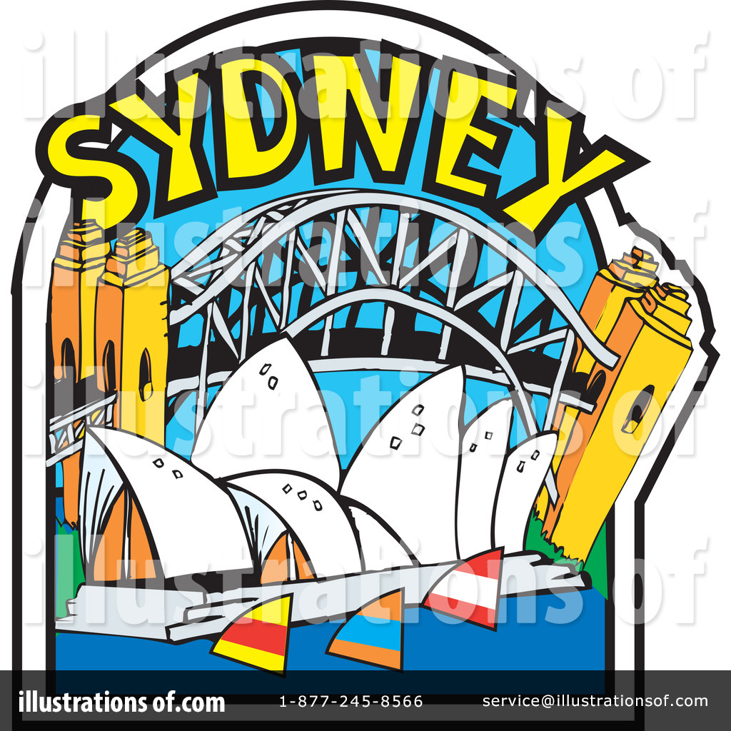 Cartoon-style illustration of Sydney landmarks including Opera House, Harbour Bridge, and skyscrapers with bold "SYDNEY" text.