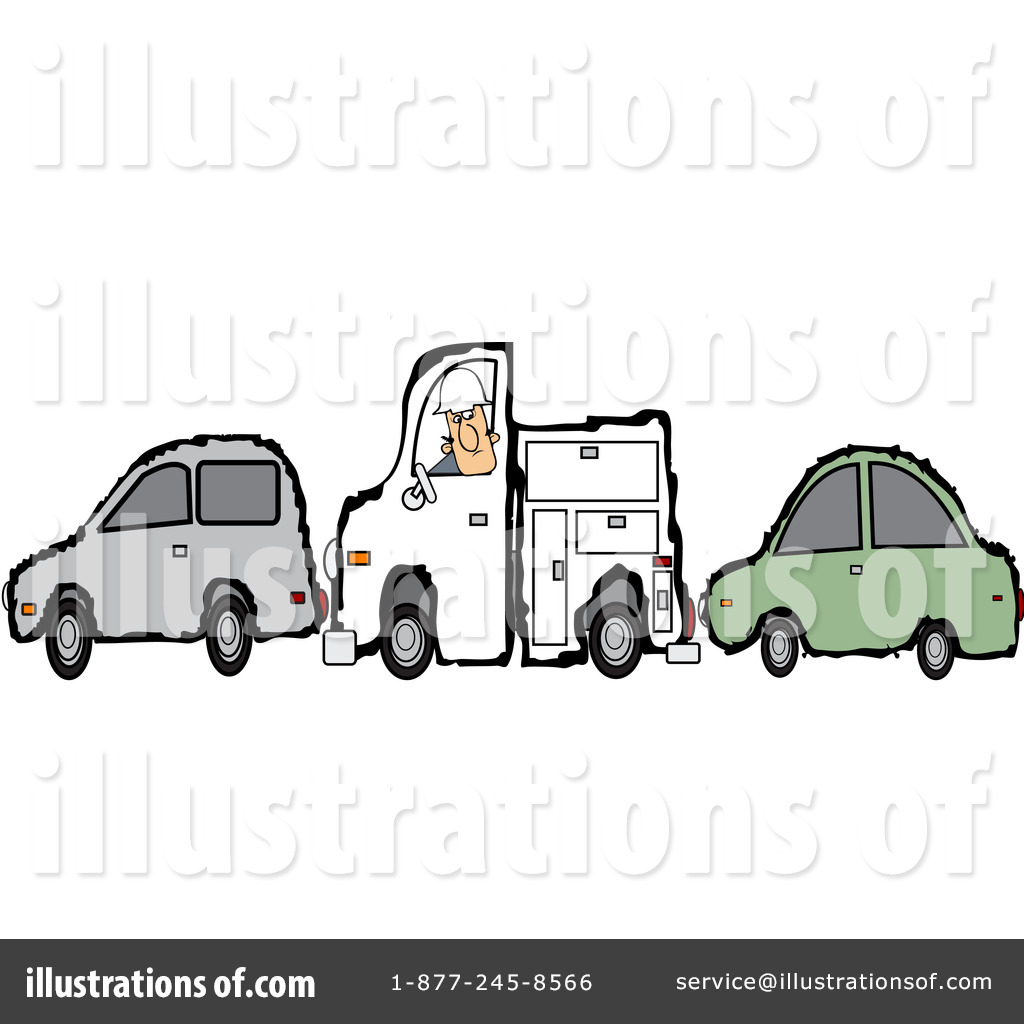 Cartoon tow truck driver towing a green car with a gray car nearby, all in humorous style.