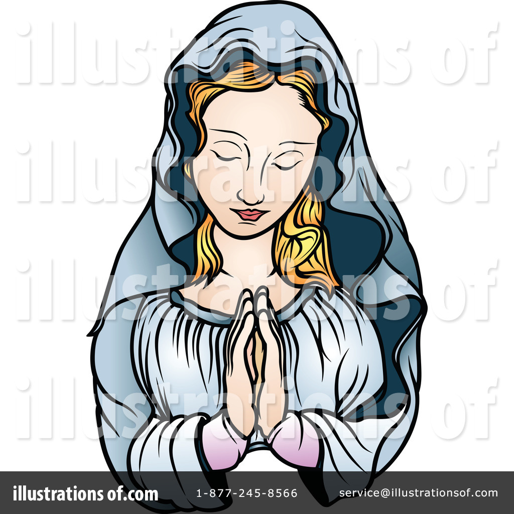 Virgin Mary in prayer, hands clasped, wearing blue veil and white robe, eyes closed in serene devotion.