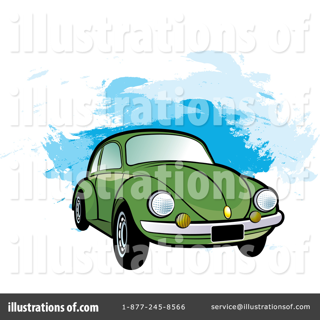 Green vintage Volkswagen Beetle cartoon illustration with blue watercolor background.