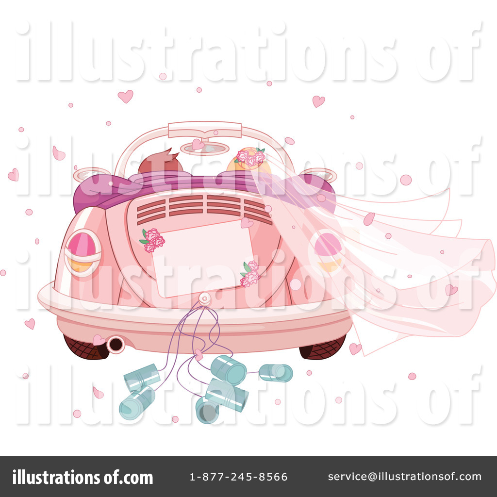 Pink vintage convertible wedding car with veil, flowers, and tin cans, surrounded by hearts and petals.