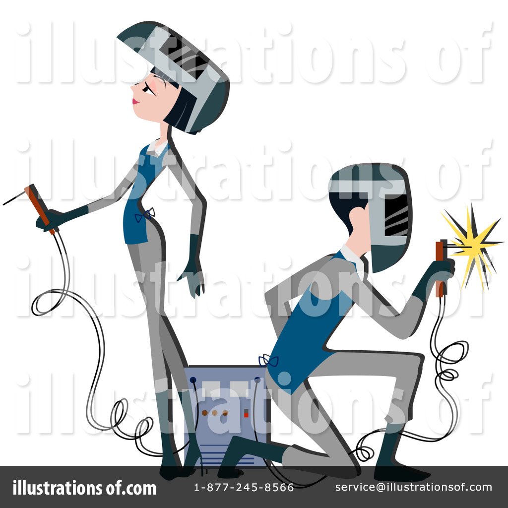 Two illustrated welders in protective gear-one standing, one kneeling-using welding torches with sparks flying.