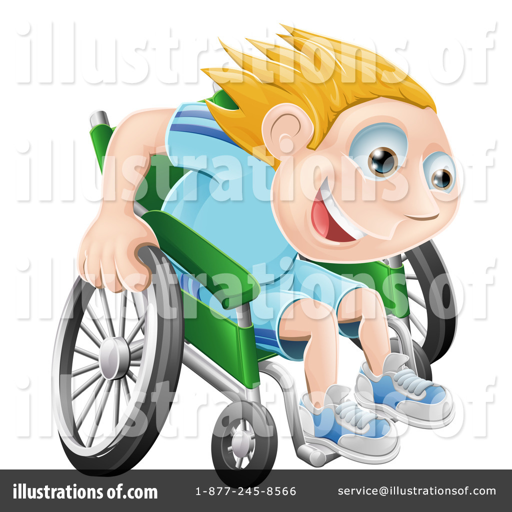 cheerful blond boy in green wheelchair, smiling and gripping wheel, wearing blue striped shirt and sneakers