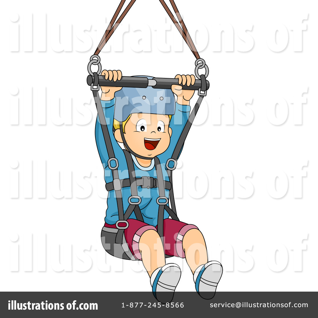 Happy child wearing helmet and harness, suspended on a zip line or adventure swing, smiling with excitement.
