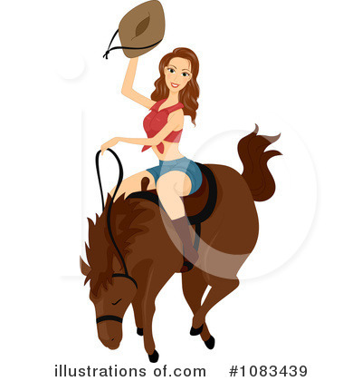 Smiling woman in red top and denim shorts riding a brown horse, waving cowboy hat.