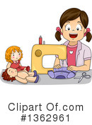 A smiling girl with pigtails sews a purple garment on a yellow sewing machine while two dolls sit nearby.
