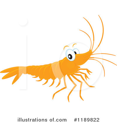 Cheerful cartoon orange shrimp with big eyes and long antennae on white background.