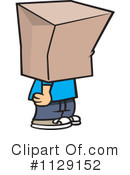 Cartoon person with a brown paper bag over their head, wearing blue shirt and jeans, standing in shame or anonymity.
