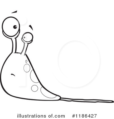 A cartoon snail with large expressive eyes on stalks, smiling gently, outlined in black and white with bubble-like spots.