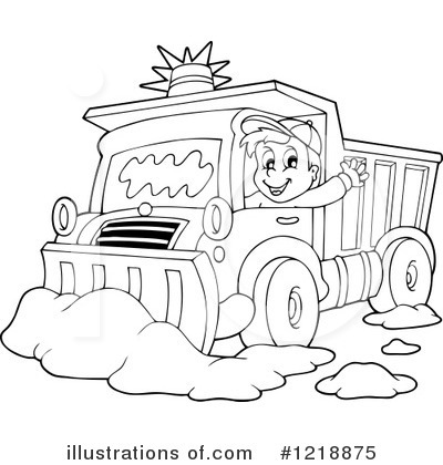 Smiling cartoon boy driving a dump truck with dirt piles and a police-style light on top.