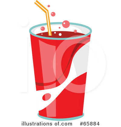 A red soda in a clear glass with a yellow straw and floating bubbles.