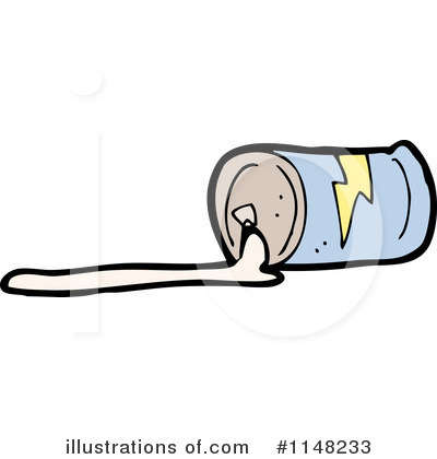 A cartoon-style spilled energy drink can lying on its side with liquid leaking out and a lightning bolt logo.