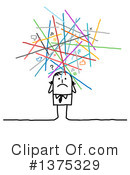Stressed cartoon figure with chaotic colorful lines and question marks exploding from head, symbolizing confusion or information overload.