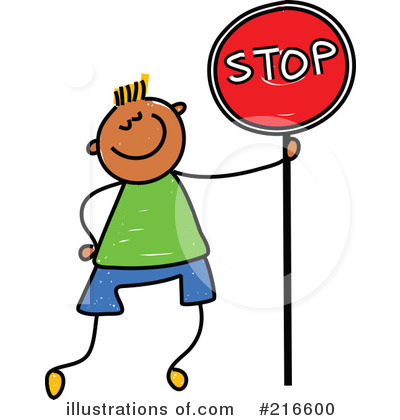 Smiling cartoon child holding a red stop sign, wearing green shirt and blue shorts.